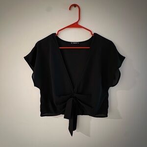 Shein Black Plunge Neck Tie Front Top